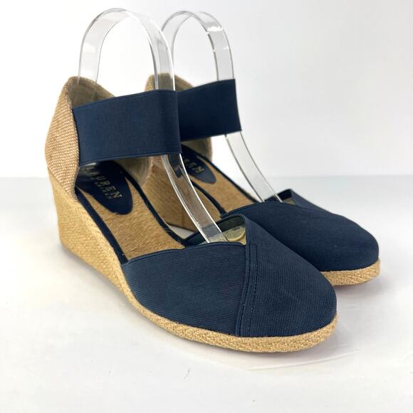 Ralph Lauren 8B Boho Jute Charla Elastic Ankle Espadrille Navy Blue Wedge Shoes - Picture 1 of 10